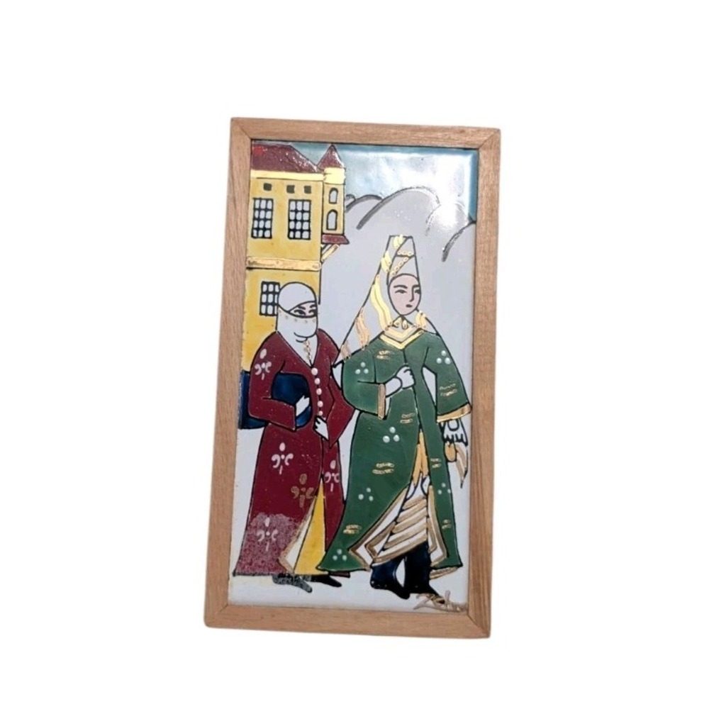 Vintage Turkish Hand Painted Ceramic Tile Ottoman Ladies Wood Framed Wall Plaque